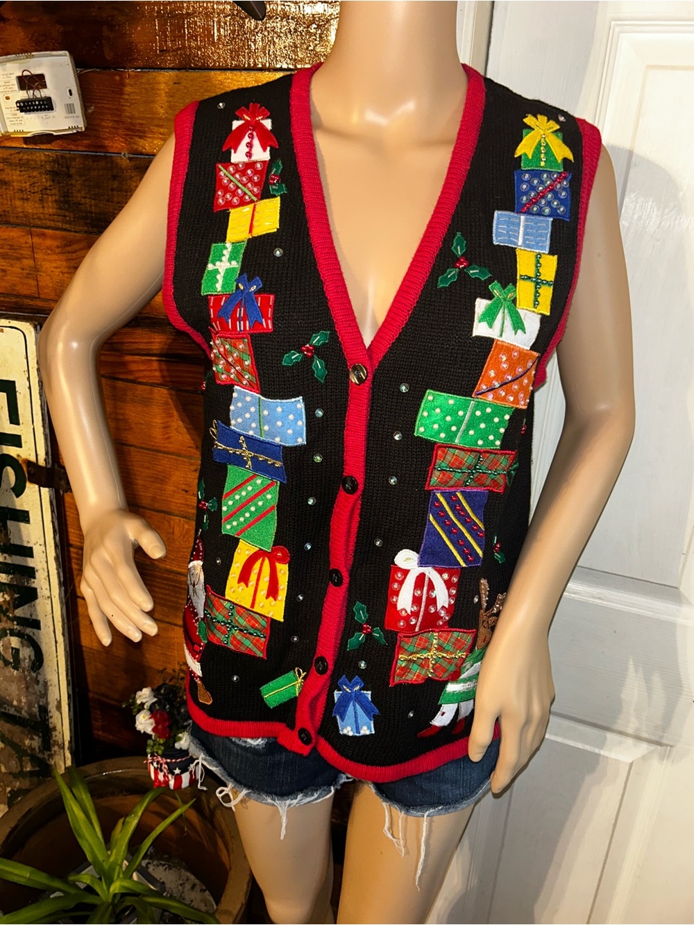 Vintage bobbie brooks Santa Reindeer Beaded Sequins Christmas Sweater Vest